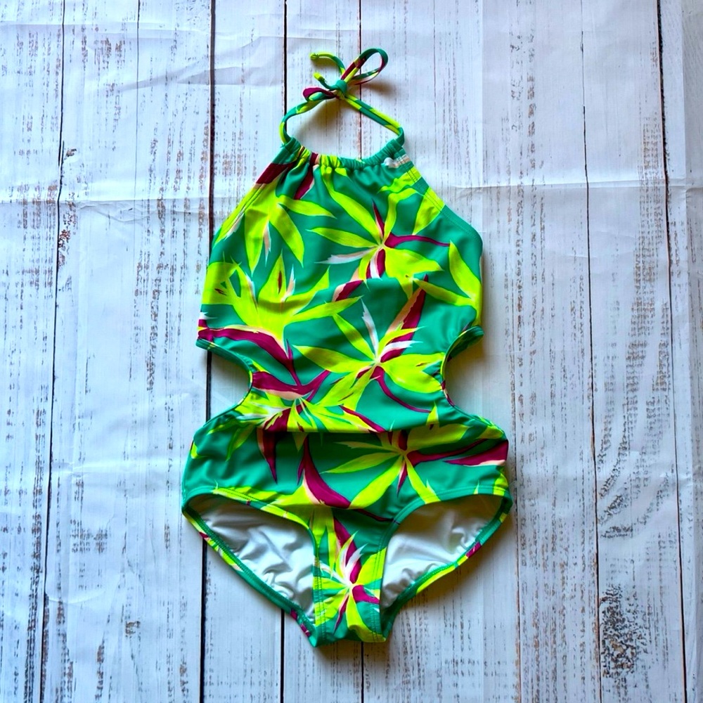 Tropical Print Halter Cut-out Swimsuit, Gurl’s Size 10/12